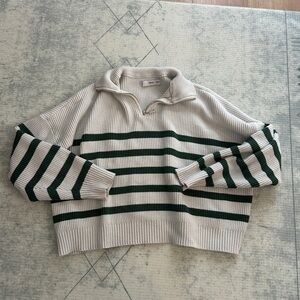 Mango Cream and Dark Green Striped Cowl Neck Sweater